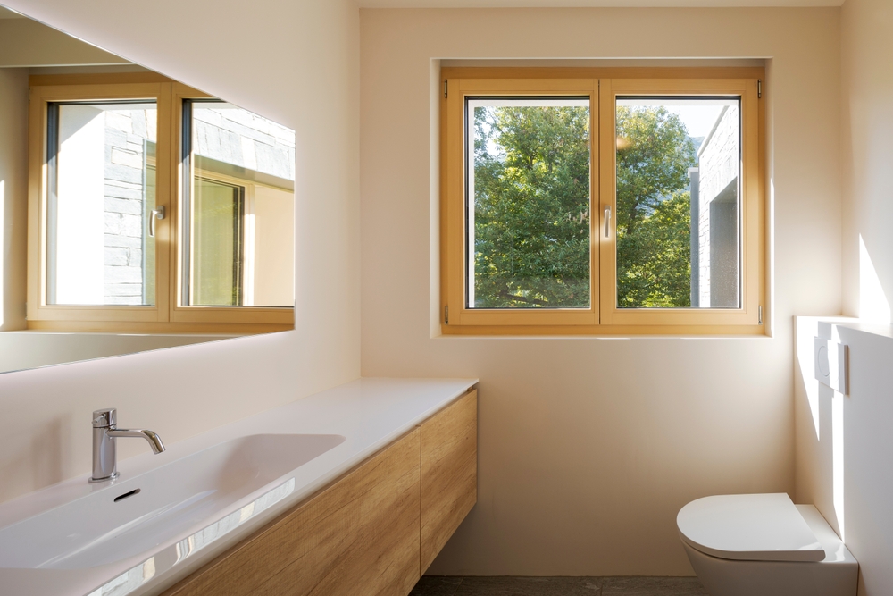 Modern,Bathroom,With,Toilet,And,Sink.,There,Is,A,Bright bathroom, toilet, shower